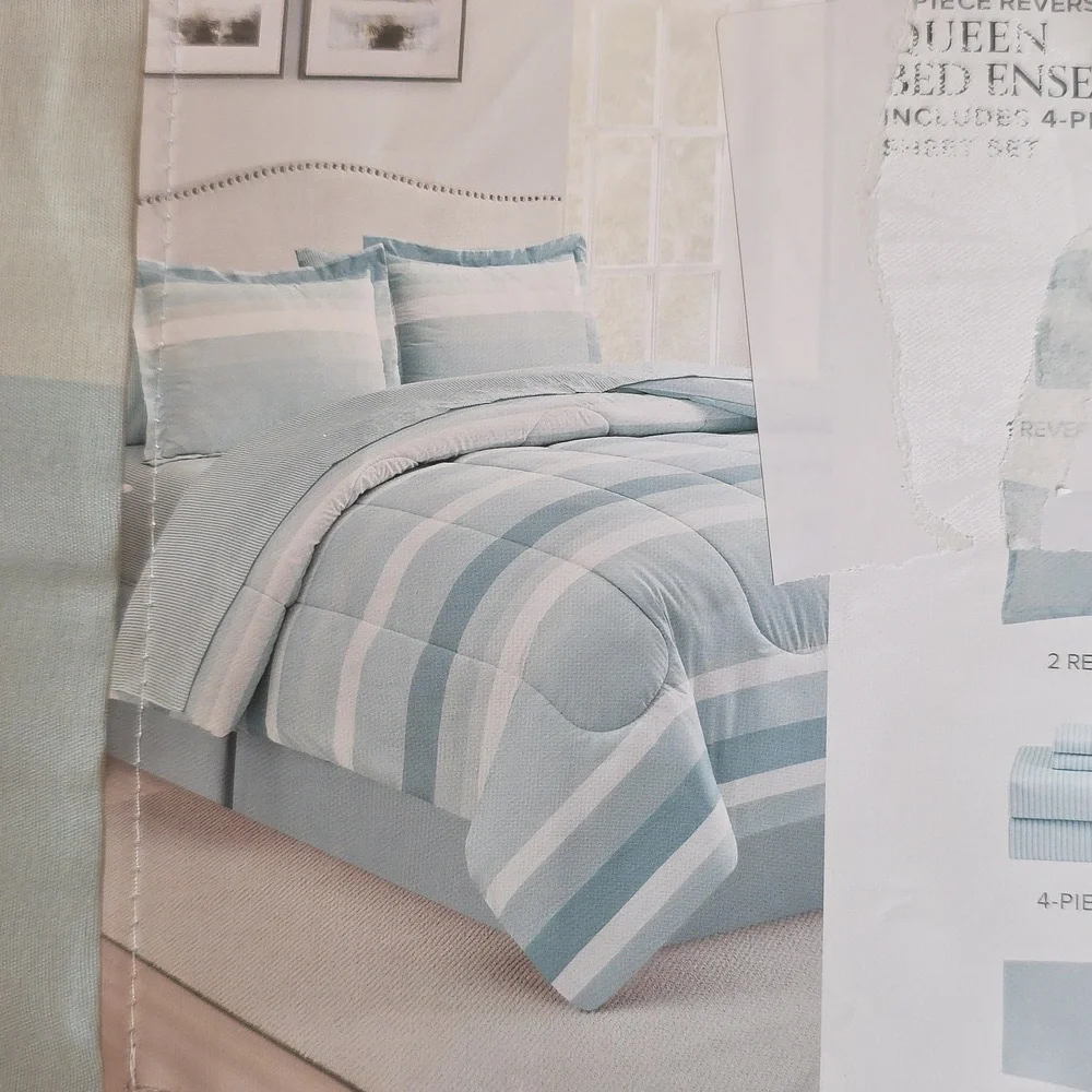 Fairfield Square Queen Austin Stripe/Solid Reversible 8 Pc. Comforter Set-Blue